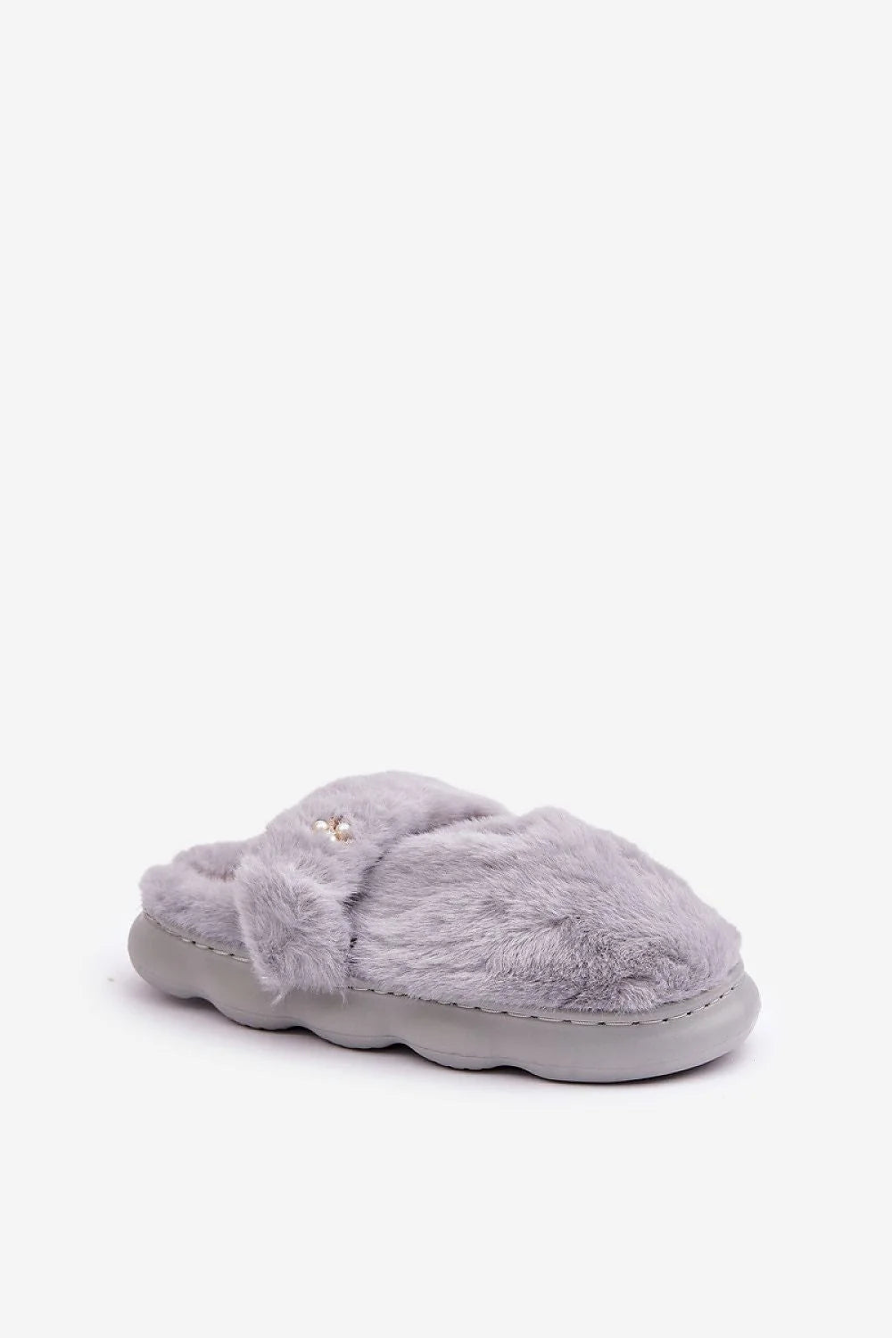 Pantoufles en fausse fourrure pour femme style cosy élégant Perlée gris semelle épaisse ajustable confort intérieur