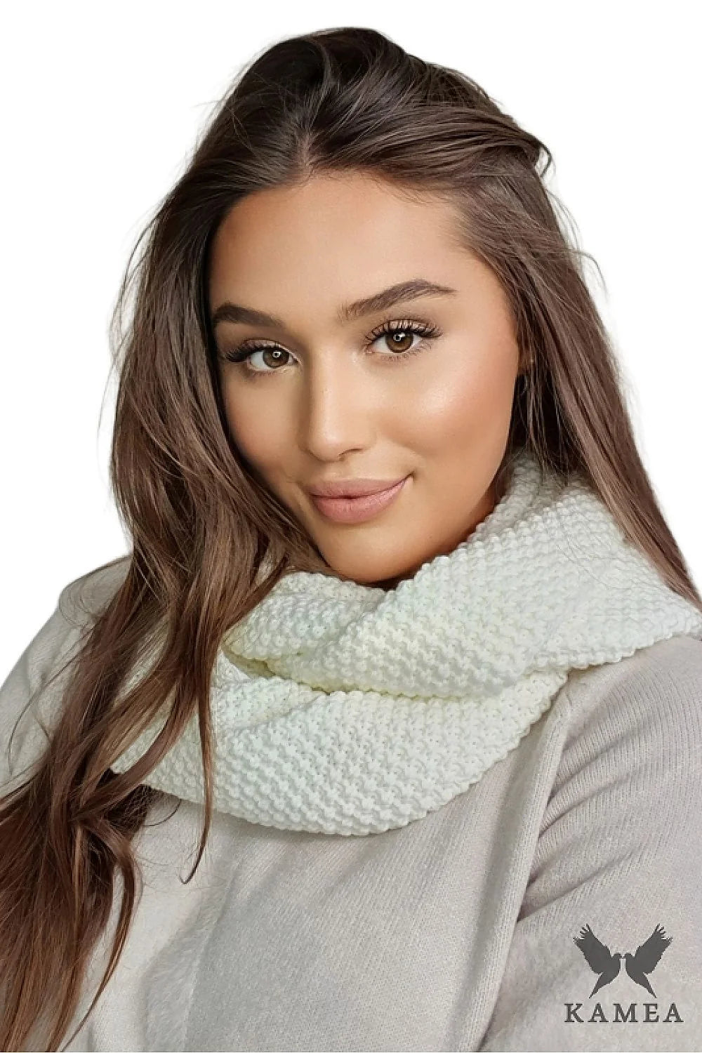 bonnet snood tricot blanc côtelé torsadé ajouré épais chaud extensible ajusté confortable élégant intemporel sophistiqué métallique