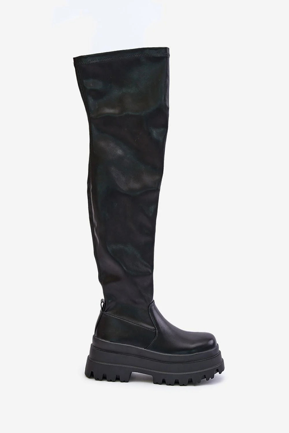 Bottes cuissardes en cuir synthétique noir style moderne audacieux plateforme épaisse femme tendance urbaine