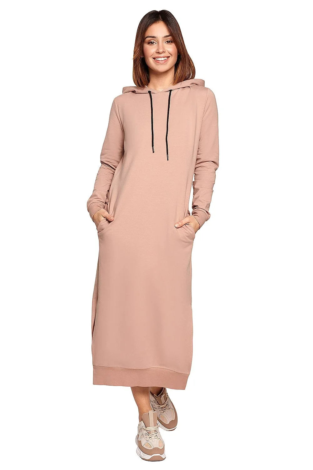 Robe sweat coton décontractée beige confortable capuche poches longues moderne femme activités quotidiennes