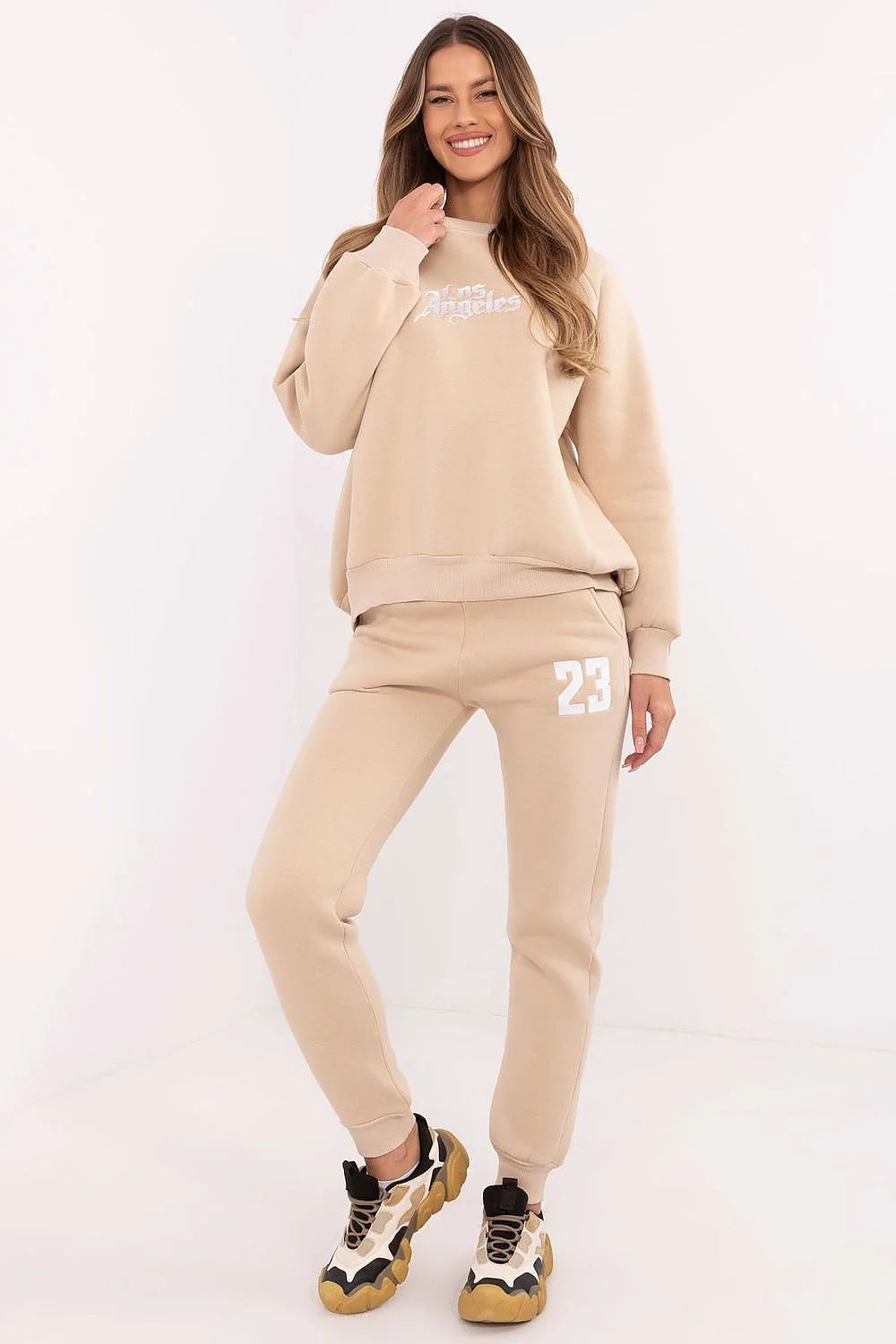 Ensemble de survêtement femme style décontracté Los Angeles 23 beige coton polyester ajusté confortable