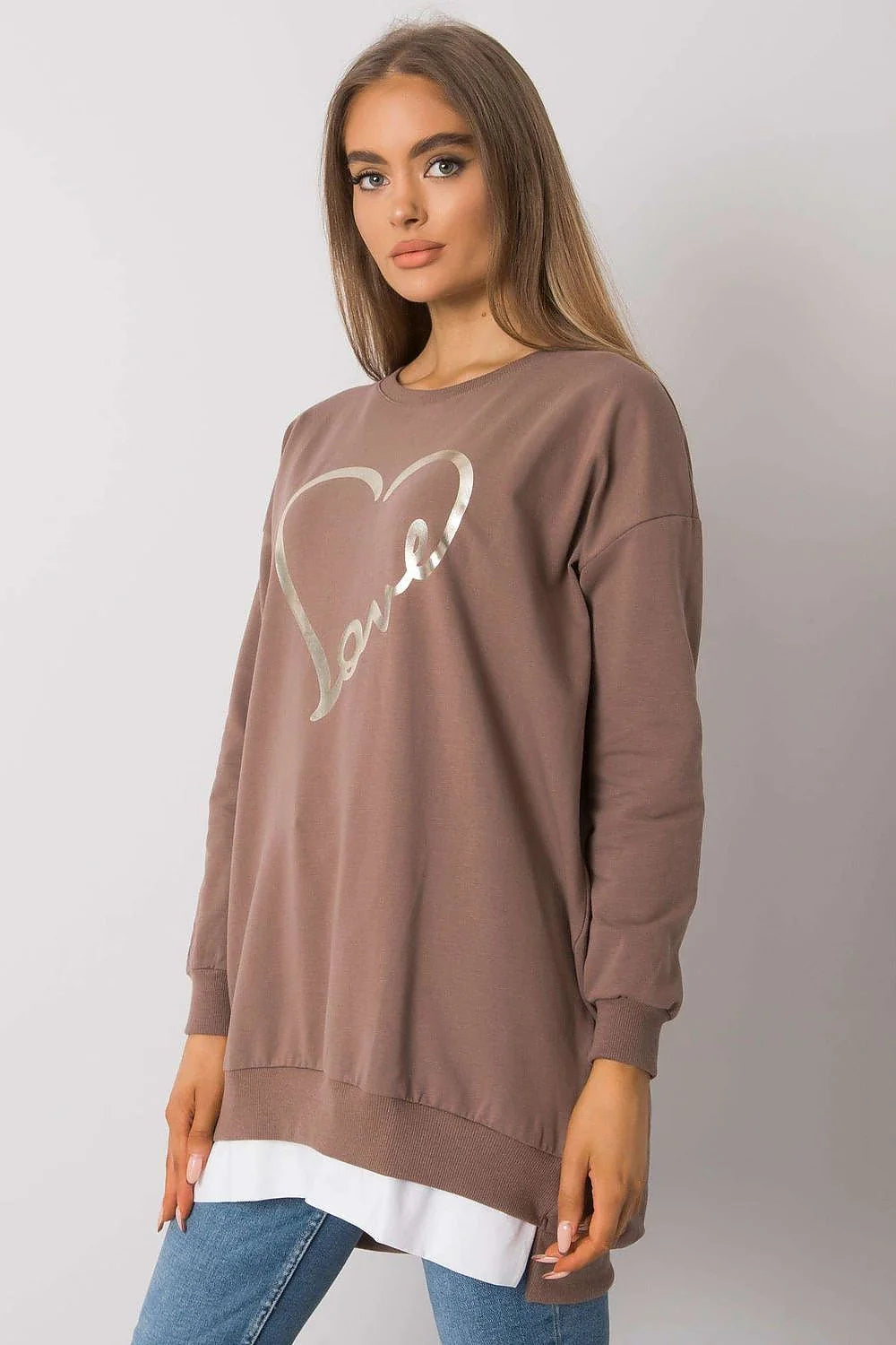 Sweatshirt femme design cœur love doré beige rosé coton polyester manches longues encolure ronde coupe ample