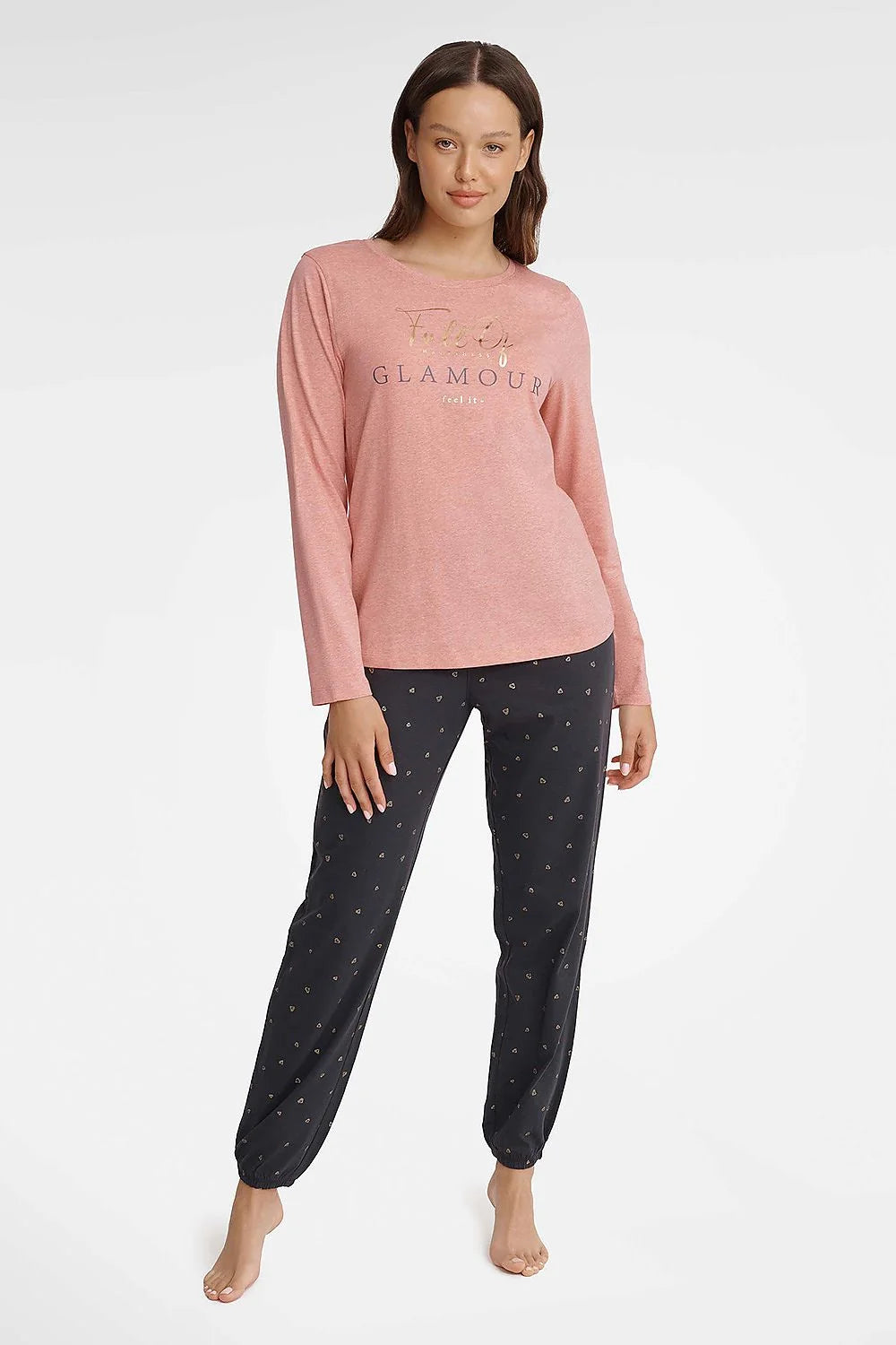 Pyjama Henderson pour femme, deux pièces, chemisier rose à manches longues, pantalon noir amples jambes, coton polyester, confort et style intemporel