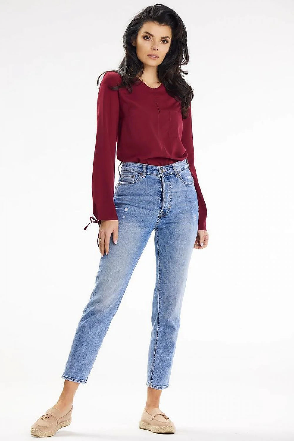 chemisier femme bordeaux manches longues nouées col rond coupe droite fluide léger polyester élasthanne poche fentes boutons polyvalent bureau chic