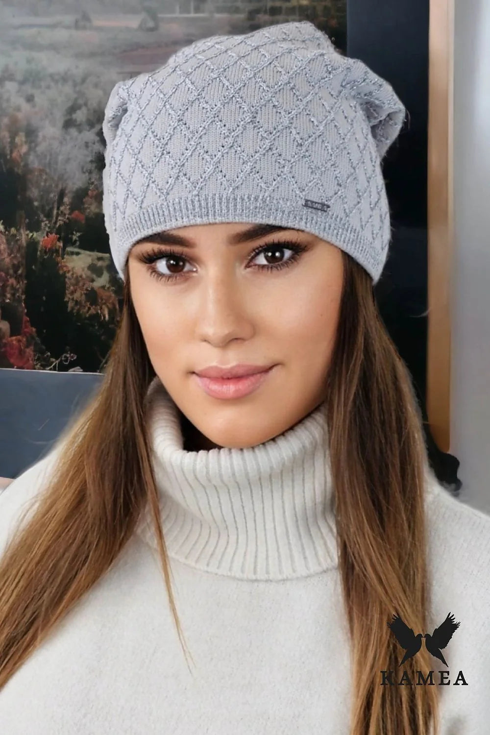 Cache-nez femme Kamea gris maille fine motif losange elastique logo métallique hiver élégant mode