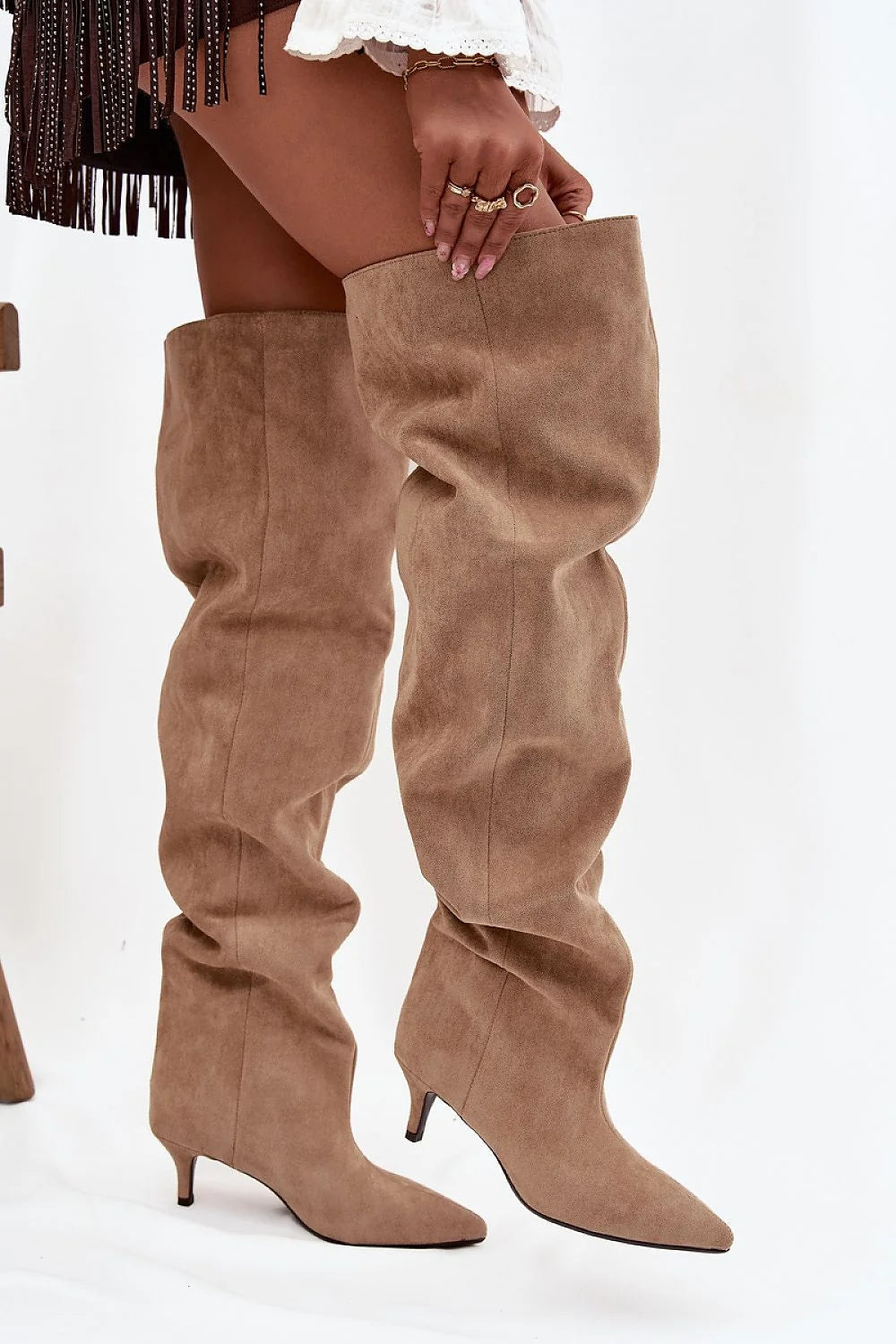 cuissardes femme suède écologique camel tige ample effet plissé bout pointu talon bas velours doux confortable ajustable polyvalente chic bohème