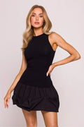 Robe de jour élégante moderne femme style contrasté confortable couleur noire sans manches ajustée jupe évasée coton rigide