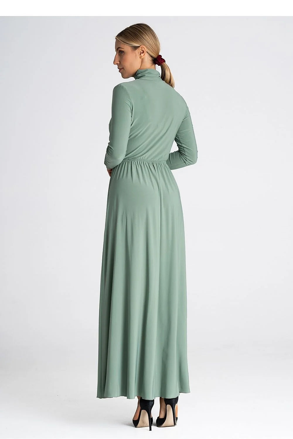 Robe de jour longue col roulé manches longues fendue taille élastiquée matière douce couleur verte femme