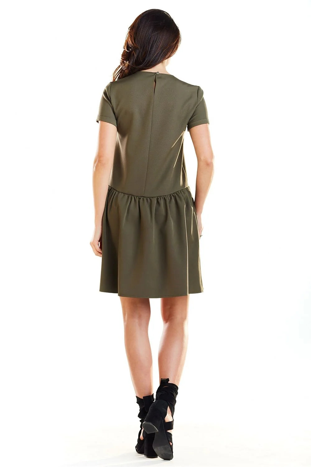 Robe verte olive en polyester moderne élégante manches courtes encolure ronde jupe évasée femmes