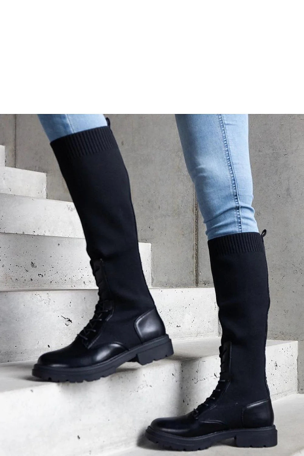 Bottes hautes mixte cuir tissu extensible noir style urbain moderne femmes lacets semelle caoutchouc