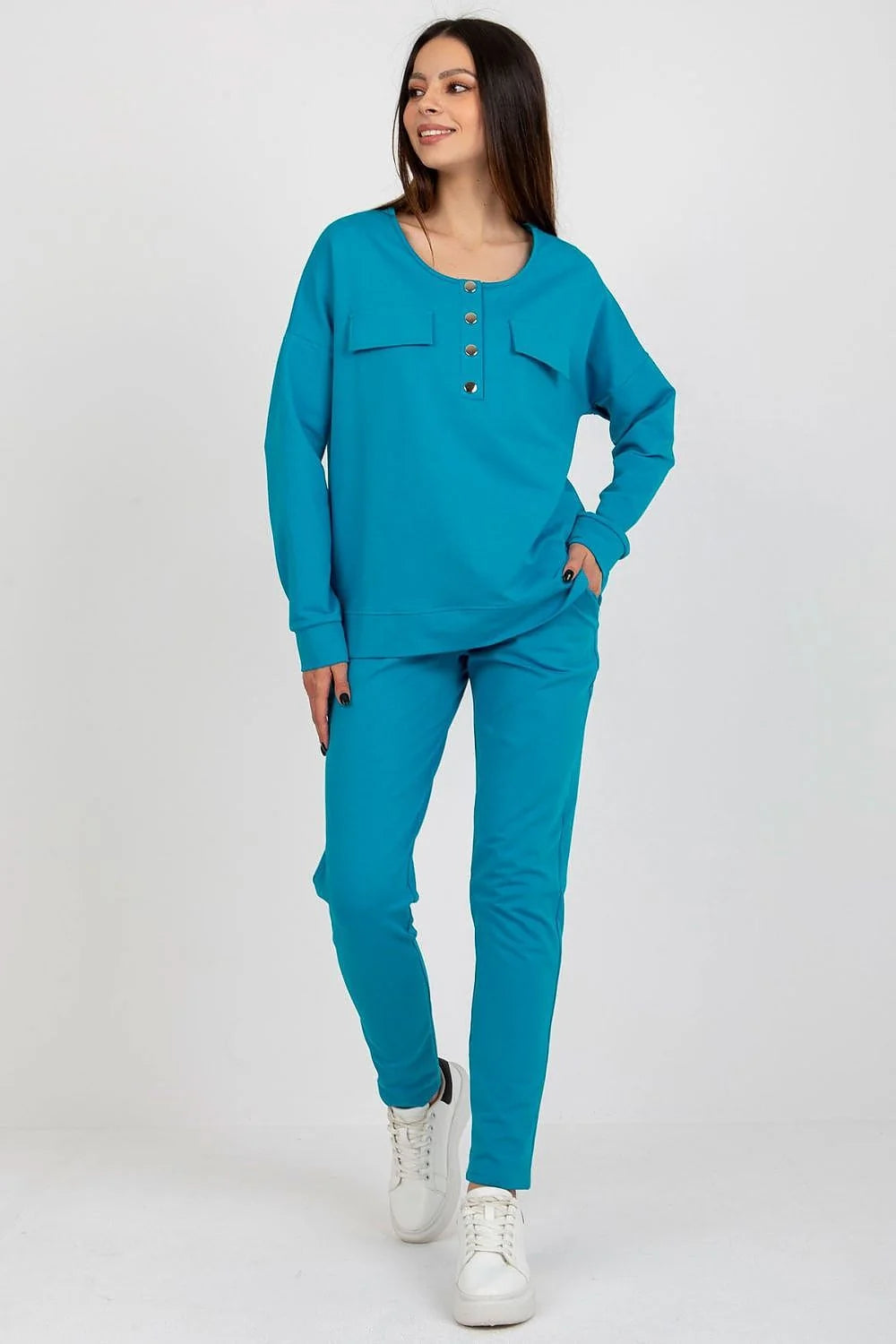 Ensemble Lakerta moderne confortable bleu vif coton élasthanne manches longues pantalon droite haute taille style décontracté haute qualité femme usage quotidien minimaliste