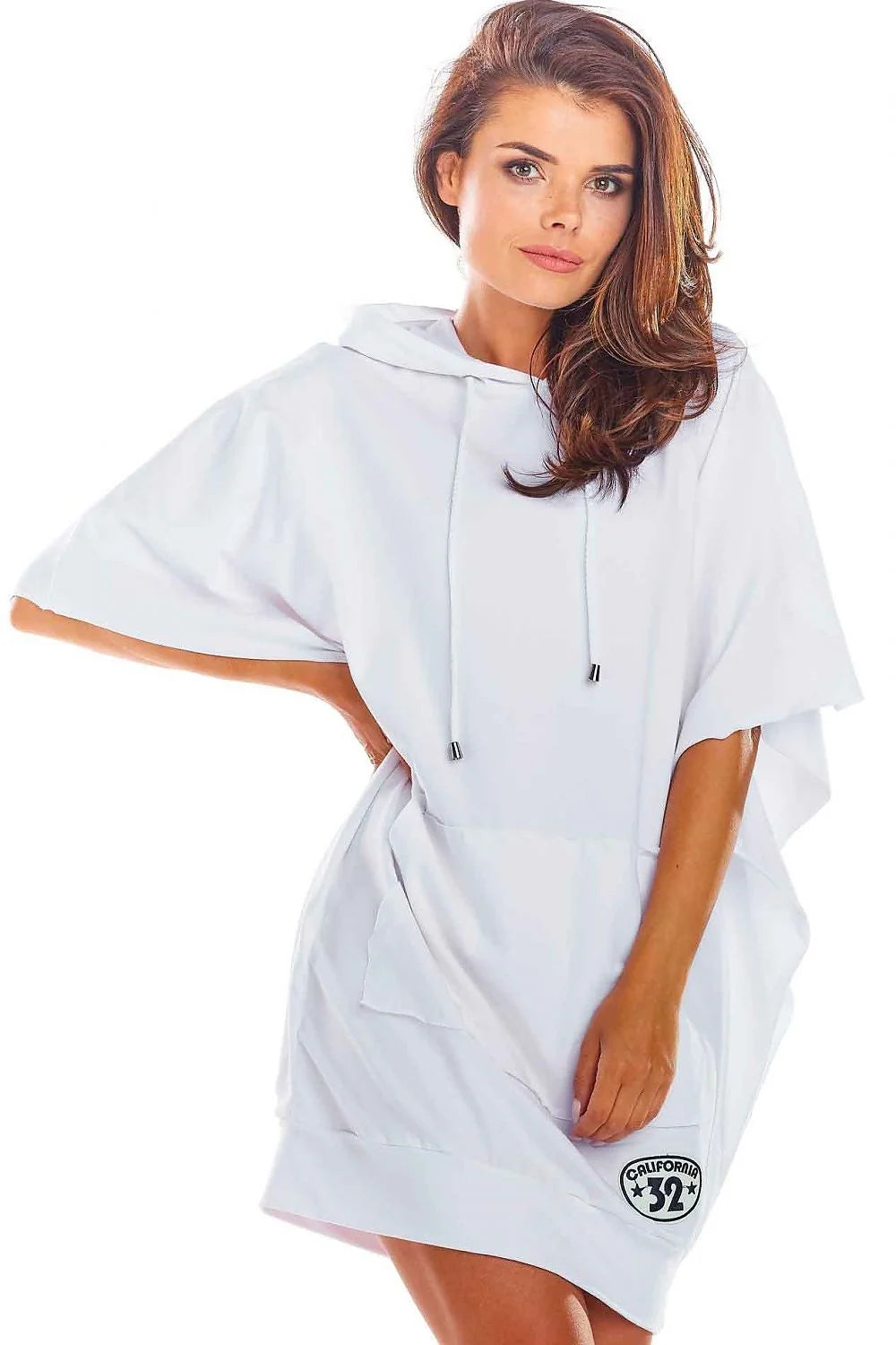 robe jour femme ample oversize capuche cordon poches kangourou manches courtes mi cuisse coton lycra blanc