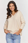 pull femme Makadamia viscose PBT coupe ample col V manches longues beige côtelé ourlet tombantes oversize léger doux intemporel polyvalent