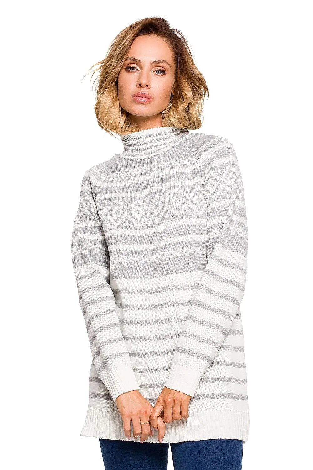Pull en maille confortable ample motifs géométriques rose blanc col rond hiver pour femmes