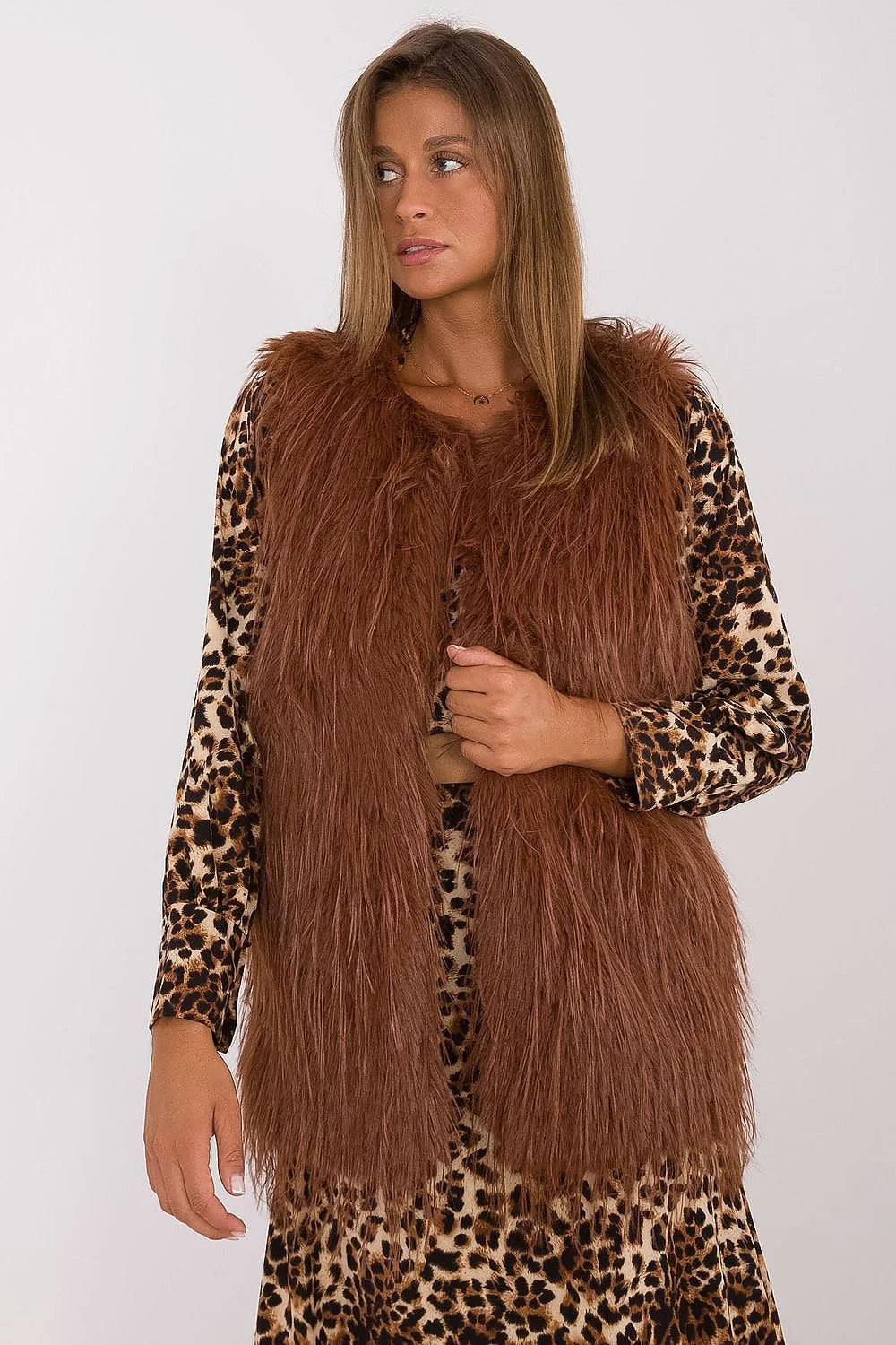 Gilet en fausse fourrure couleur brun rouille style casual sans manches polyester sans capuche ni doublure femme