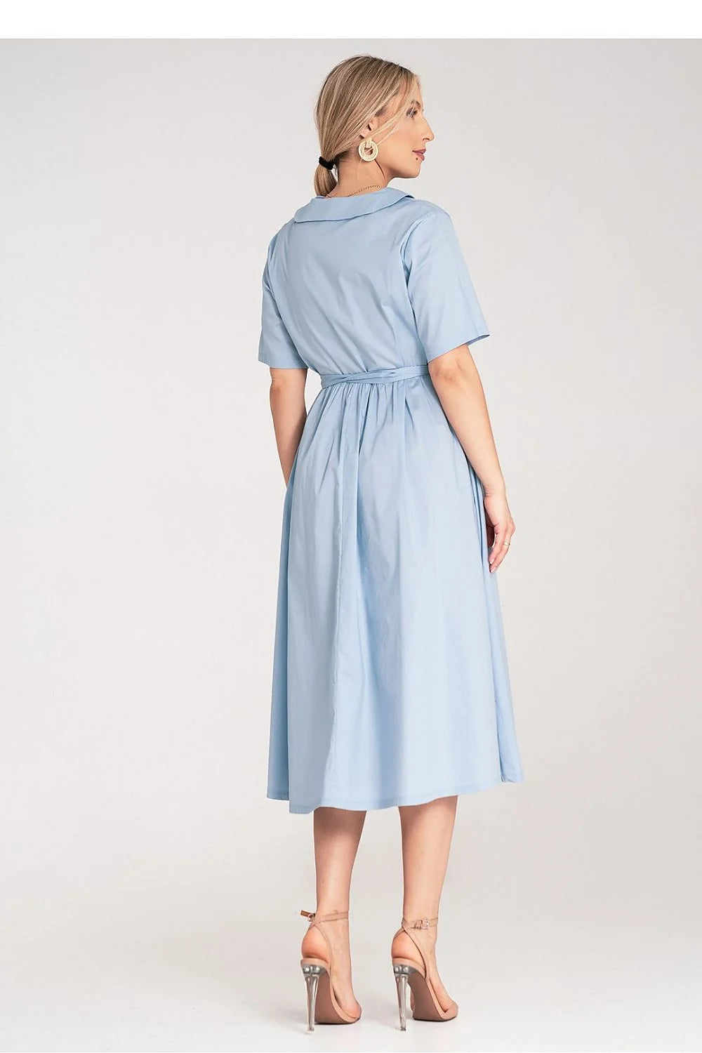 Robe de jour élégante midi manches courtes col rond ceinture assortie coton 100% robe A-line pastel femme