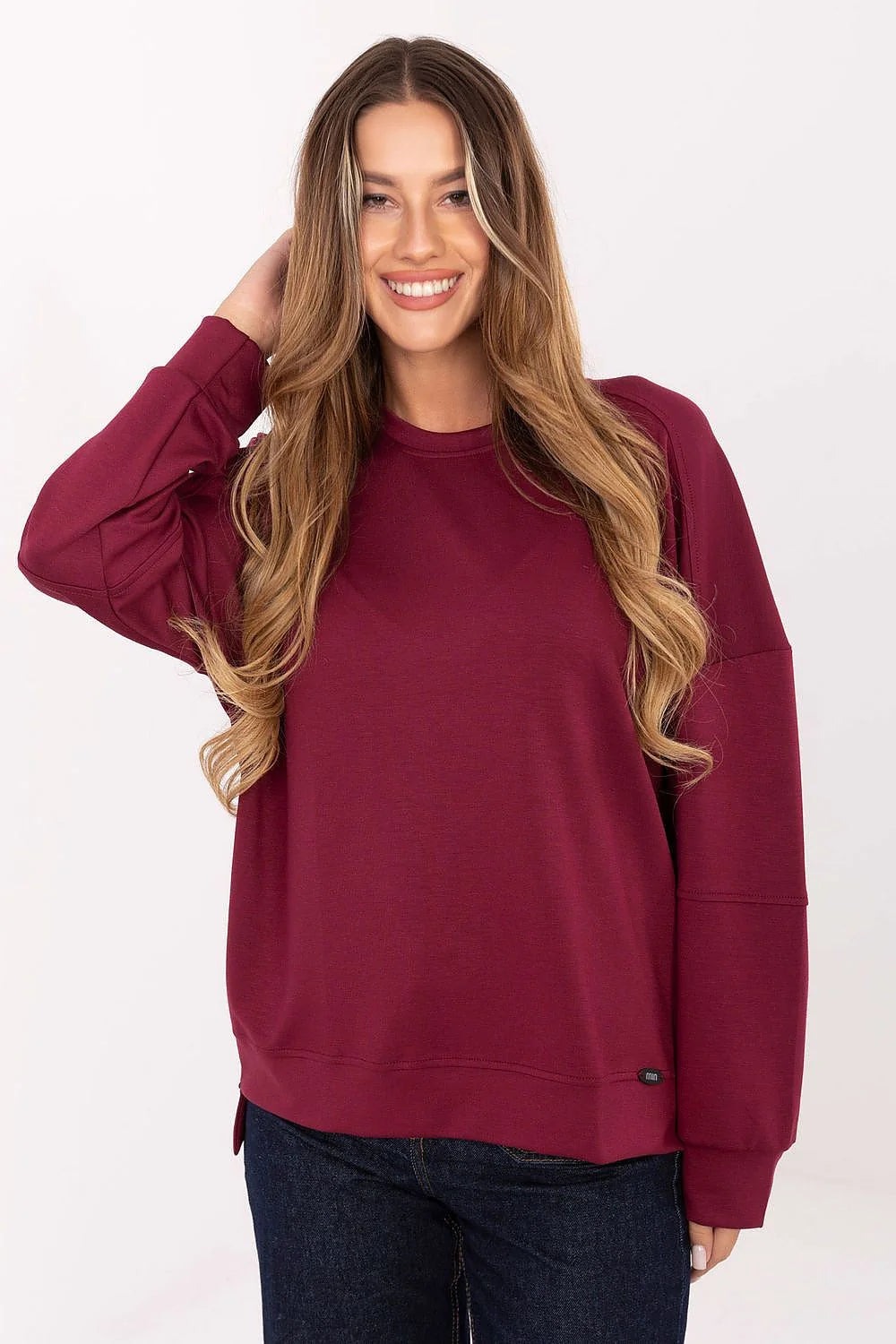 sweatshirt femme bordeaux maille douce viscose élasthanne oversize coupe droite col rond manches longues emmanchures tombantes poignets côtelés