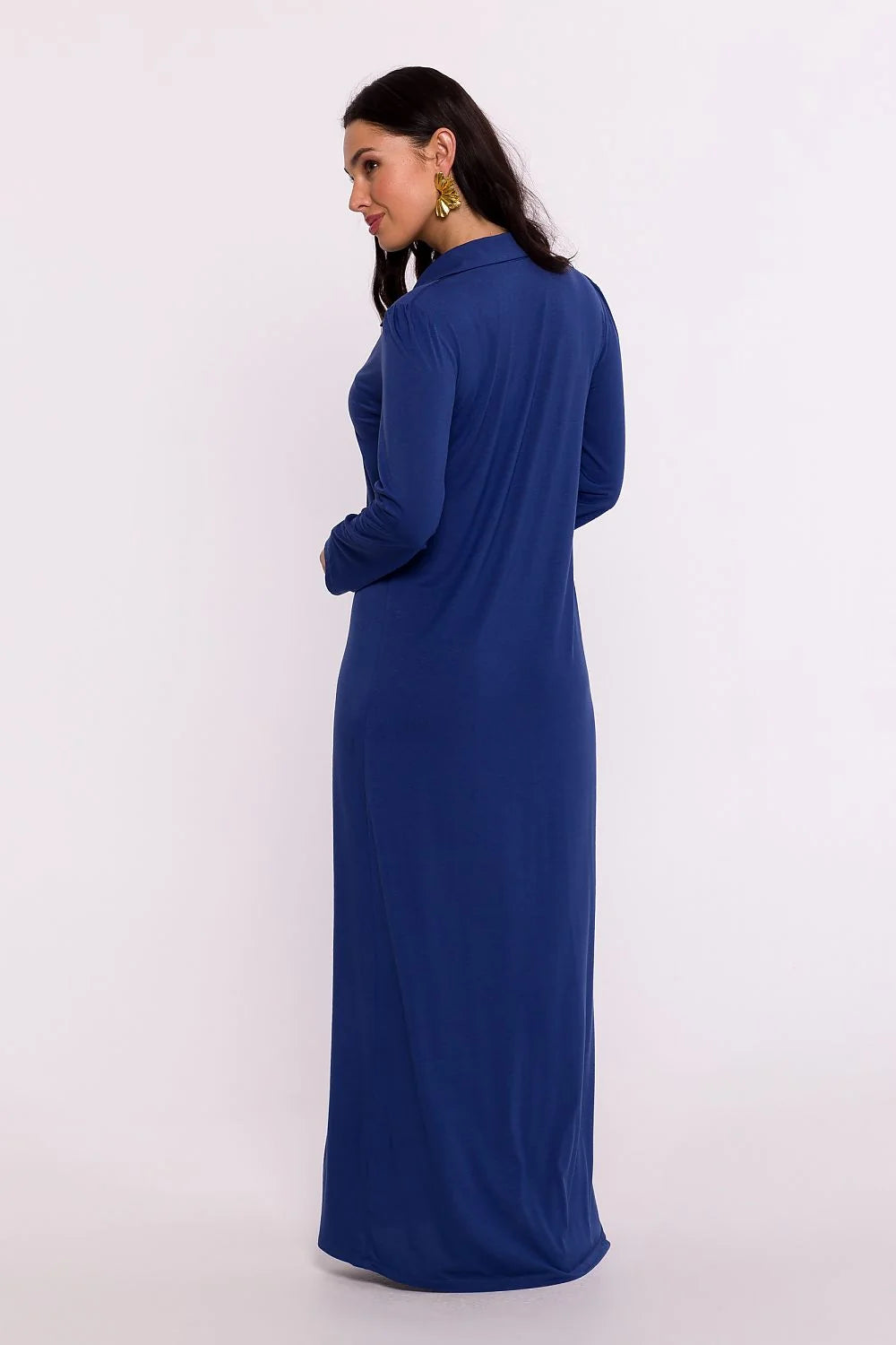 Robe longue Be Wear style décontracté couleur bleu profond manches longues col en pointe tissu souple femme