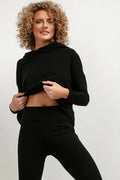 sweatshirt Tessita ample maille douce oversize capuche dos allongé ourlet discret court noir col drapé manches longues stretch jersey