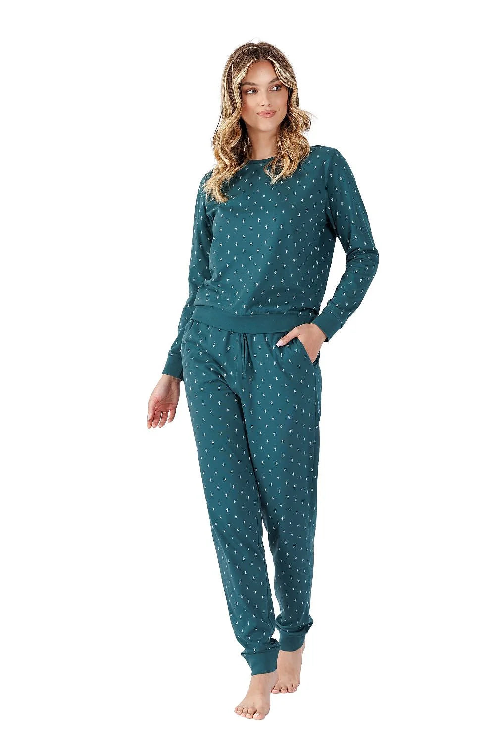 Pyjama femme confortable manches longues encolure semi-circulaire tissu doux respirant couleur bleu canard motifs blancs pantalon taille élastique ajustable occasion détente maison