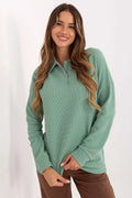polo femme col chemise maille gaufrée vert sauge manches longues patte boutonnée trois boutons poignets côtelés
