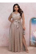 Robe élégante pour femmes en tissu métallique champagne, style wrap V-neck, ceinture à nouer, jupe longue A-line, fente audacieuse, soirée gala