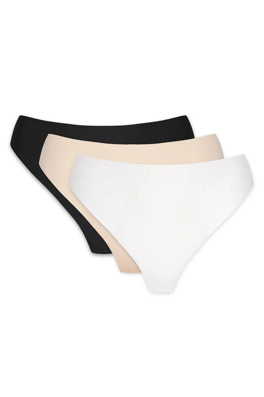pack trois strings sans couture taille basse bikini échancré noir beige blanc tissu extensible invisible confort coton