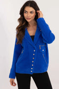 Veste pour femme chic et décontractée bleu cobalt boutons dorés tissu pelucheux manches longues coupe droite style moderne