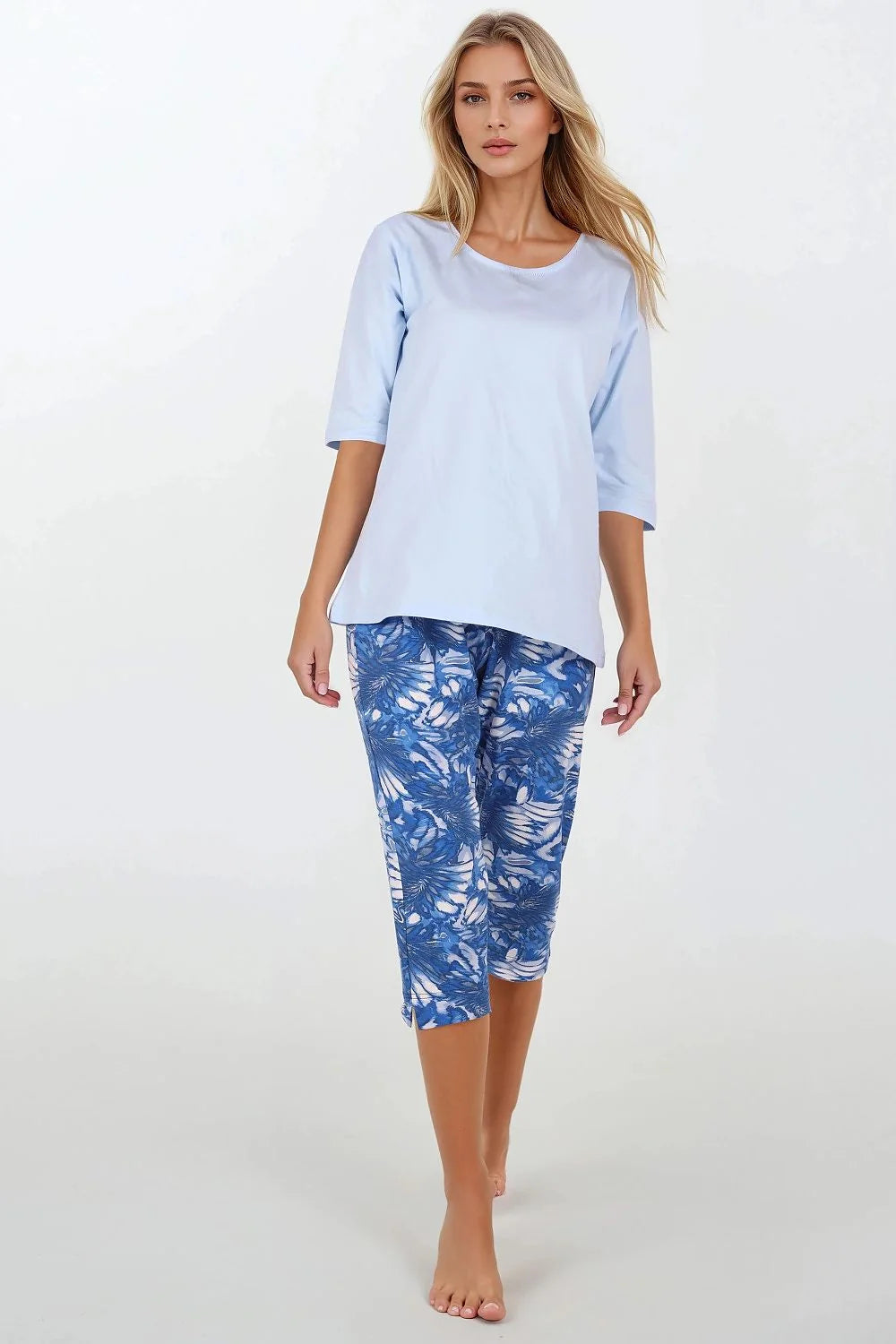 pyjama femme ensemble pièces jersey doux coton OEKOTEX chemisier manches trois quarts encolure ronde pantacourt imprimé feuillage aquarelle taille élastique