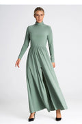 Robe de jour longue col roulé manches longues fendue taille élastiquée matière douce couleur verte femme