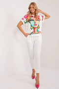 ensemble rue paris chemisier imprimé artistique multicolore portrait floral turquoise rose blanc pantalon fuselé taille élastiquée poche latérale