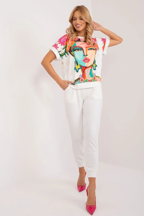 ensemble rue paris chemisier imprimé artistique multicolore portrait floral turquoise rose blanc pantalon fuselé taille élastiquée poche latérale