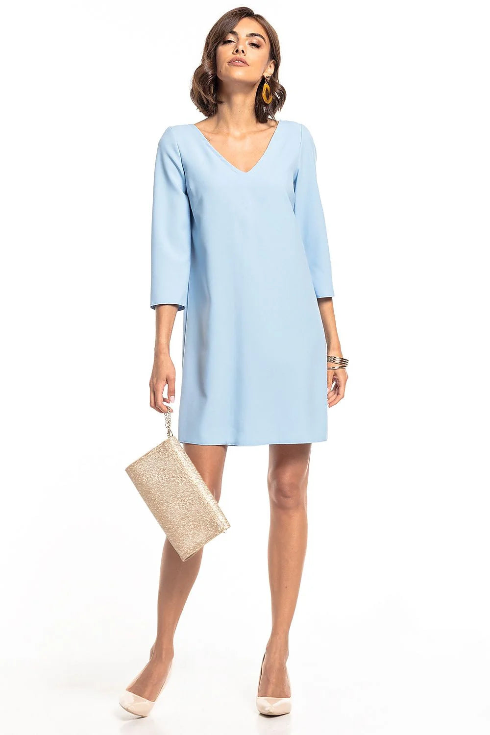 Robe élégante en polyester vert foncé coupe droite chic manches trois-quarts ourlet asymétrique
