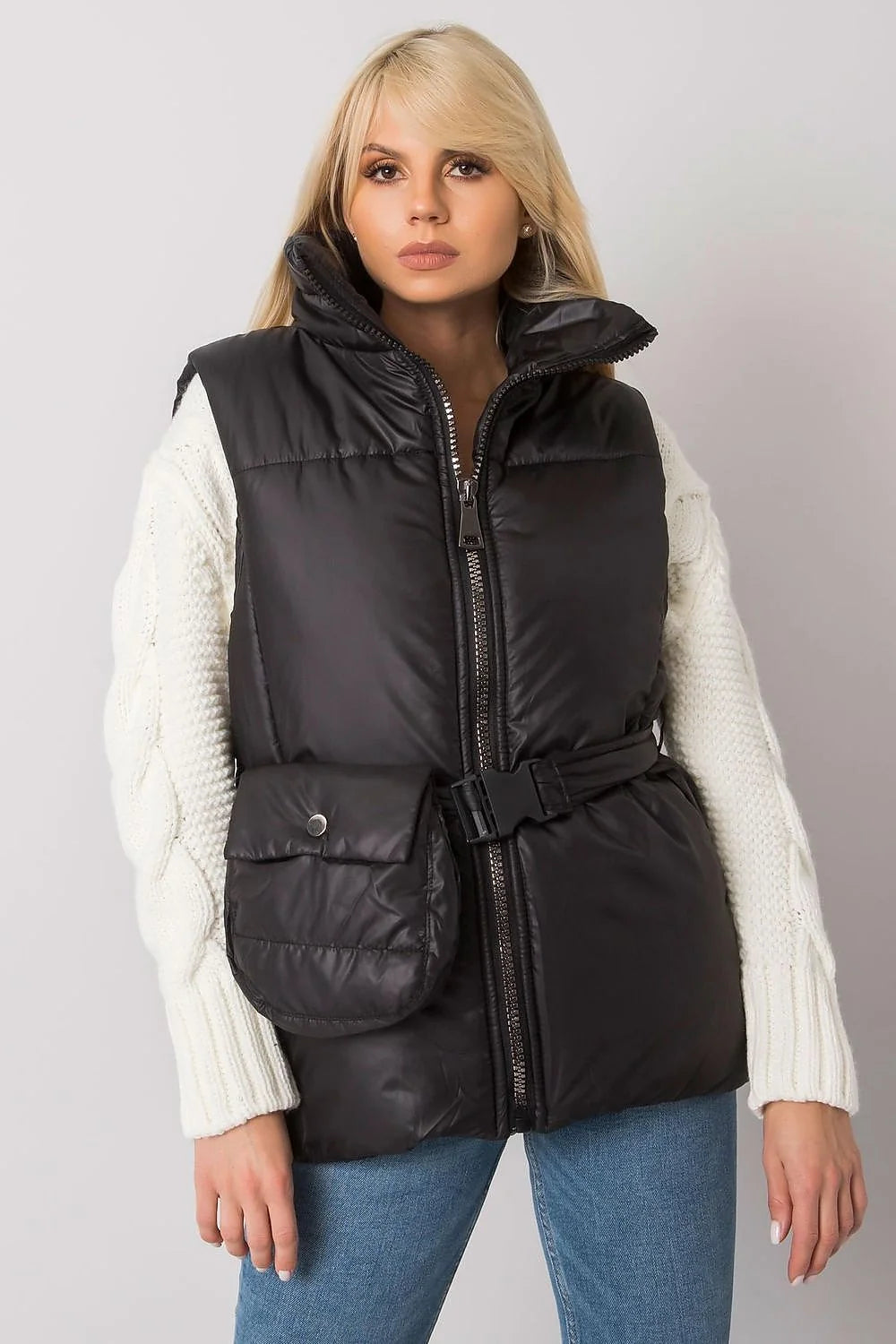 Gilet matelassé marron caramel polyester décontracté élégant fermeture éclair poches ceinture intégrée femme automne-hiver