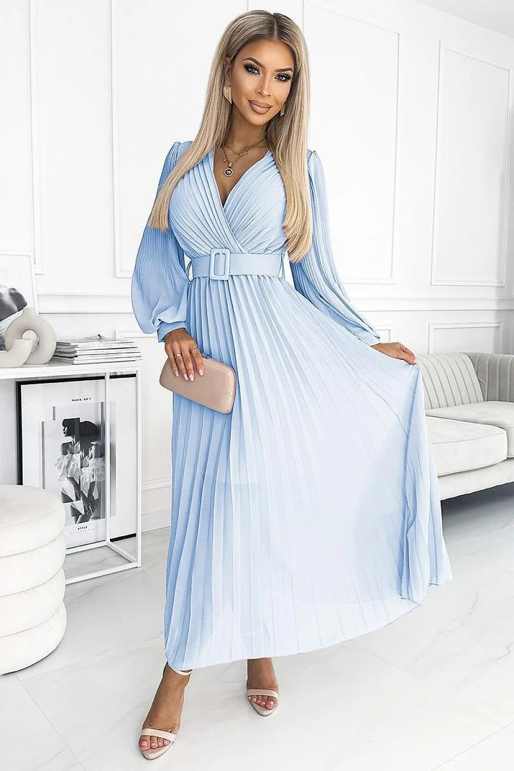 Robe de cocktail élégante longue manches longues en mousseline de soie plissée Numoco bleu clair taille ajustable pour femme