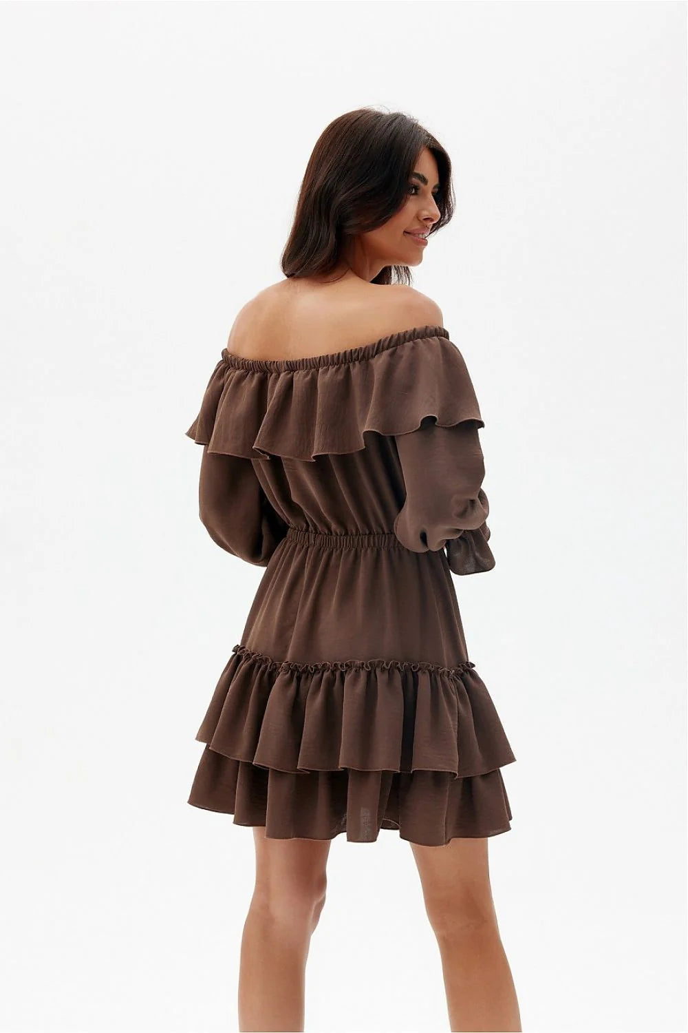 Robe bohème chic brun terre col bardot tissu polyester élastique taille ajustable femme occasionnels été soirées
