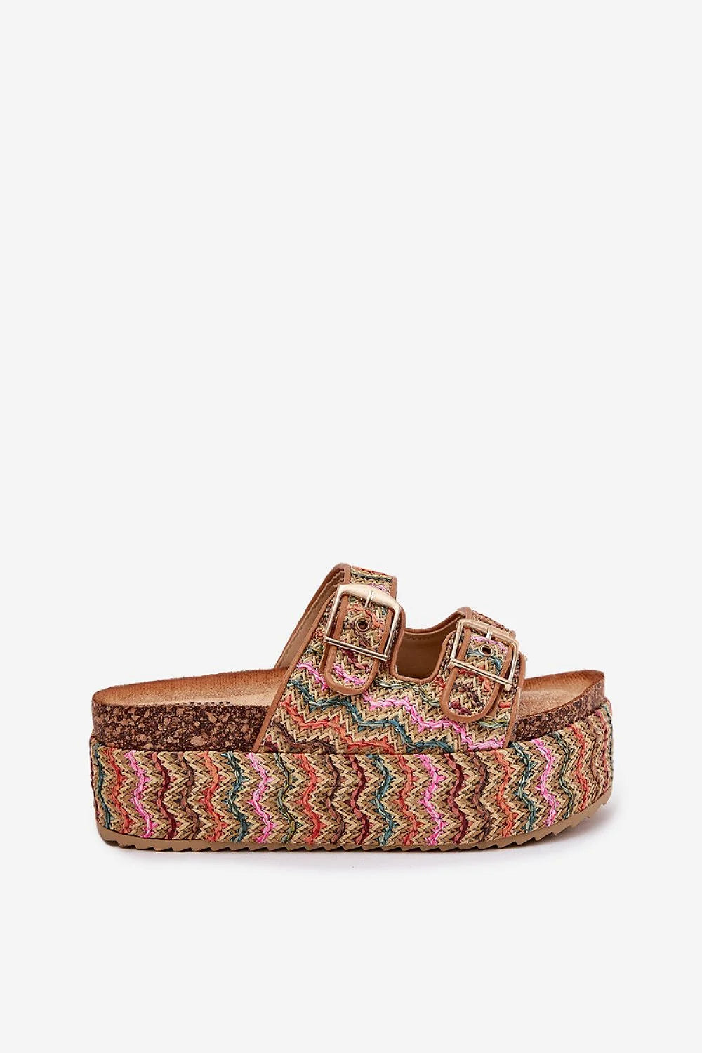sandales femme plateforme tressée bohème chic multicolore zigzag textile liège raphia semelle intérieure cuir suédé confortable brides réglables boucles dorées
