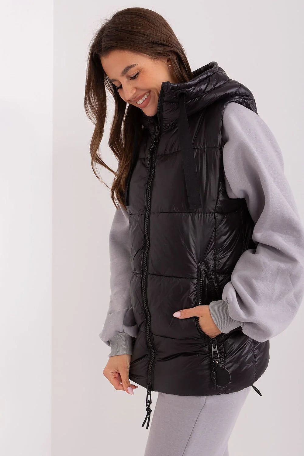Gilet sans manches pour femme style urbain matelassé isolé capuche fermeture éclair polyamide 100%