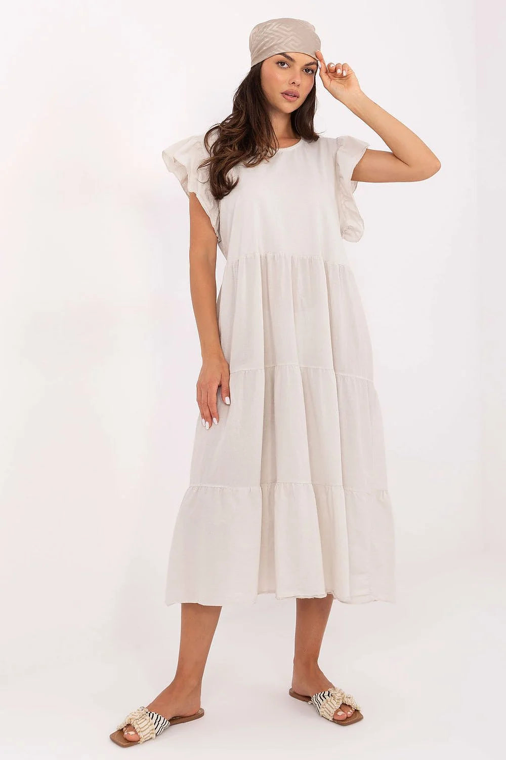 Robe longue Och Bella pour femme, robe ample en coton, style romantique, couleur ivoire, manches courtes à volants, lacing dos, été, occasion décontractée