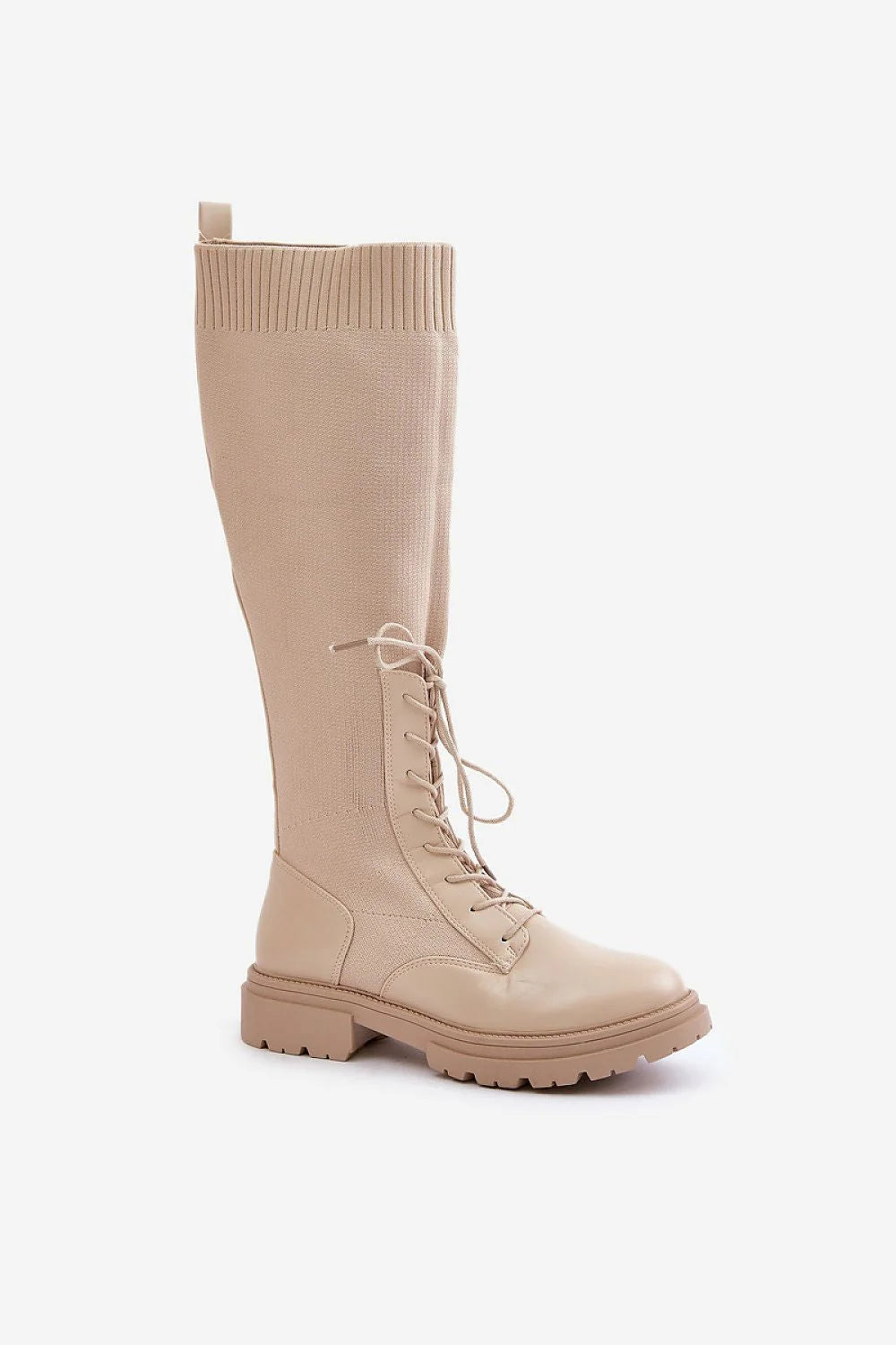 Bottes cuissardes femme similicuir beige moderne élégantes avec lacets revers côtelé semelle épaisse