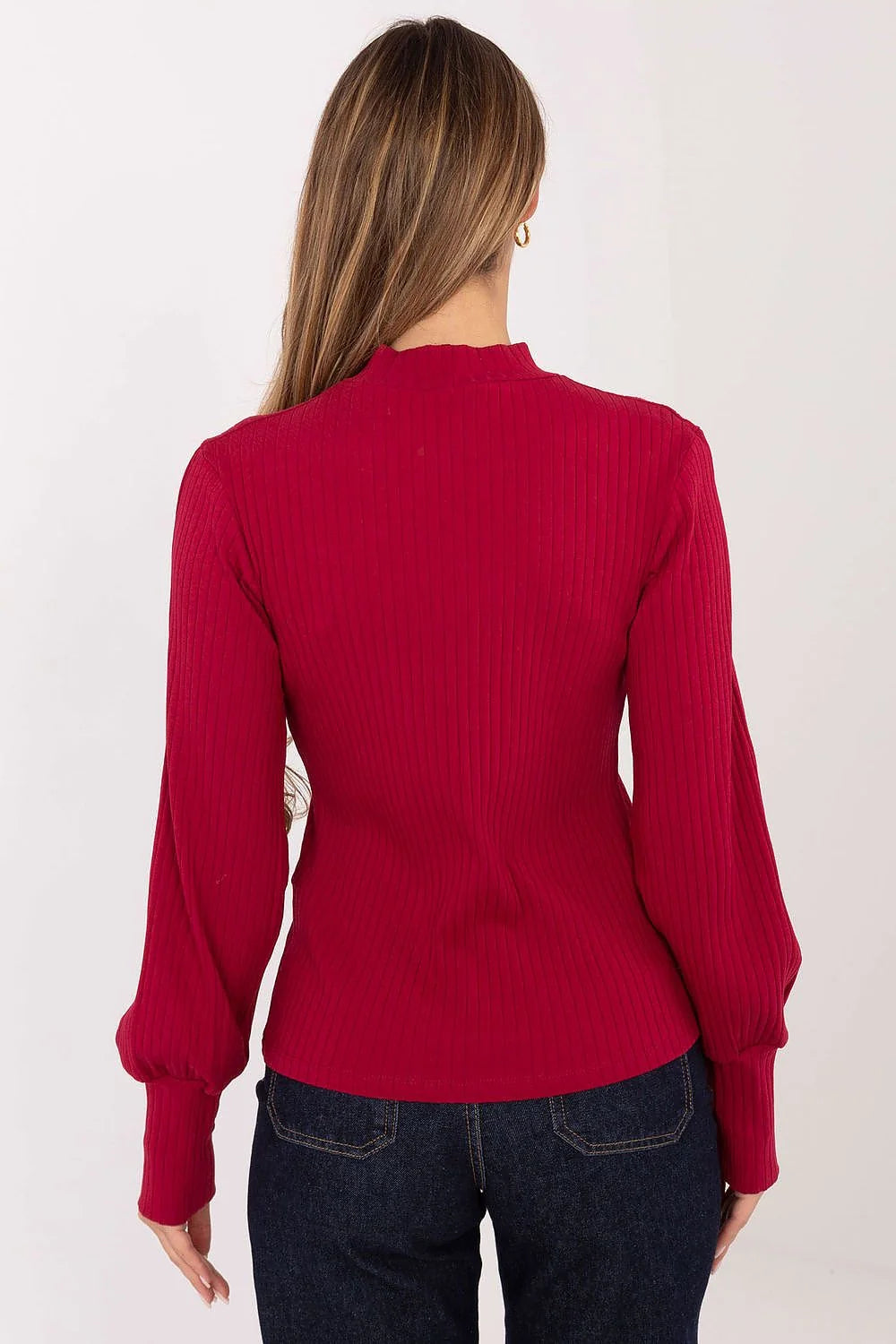 chemisier femme colroulé maille côtelée extensible coupe ajustée manches bouffantes poignets larges coton élasthanne rouge profond