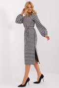 Robe de jour féminine houndstooth noir et blanc manches longues taille ajustable coton élasthanne