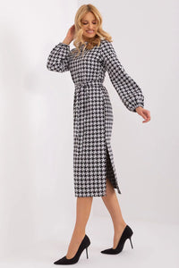 Robe de jour féminine houndstooth noir et blanc manches longues taille ajustable coton élasthanne