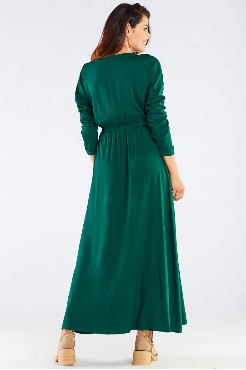 Robe de jour portefeuille élégante longue manches longues décolleté V vert femme viscose Poland taille ajustable