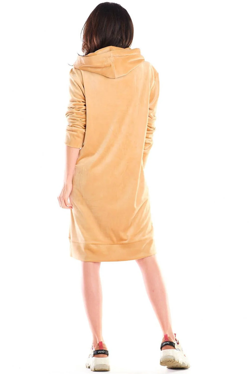 Robe sweat femme en velours doux, décontractée et chic, capuche beige pour automne-hiver