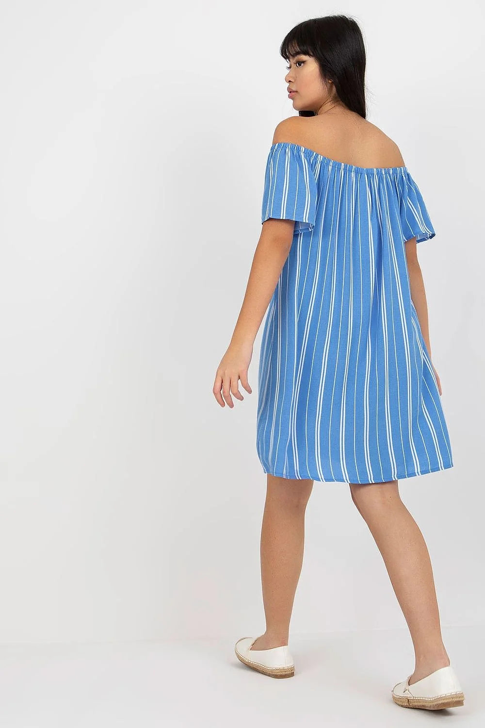 Robe été style décontracté viscose 100% bleu vif rayures verticales blanches tailles XS à XL femme
