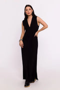 Robe longue élégante sans manches en V noir fluide pour femme occasion jour et soirée
