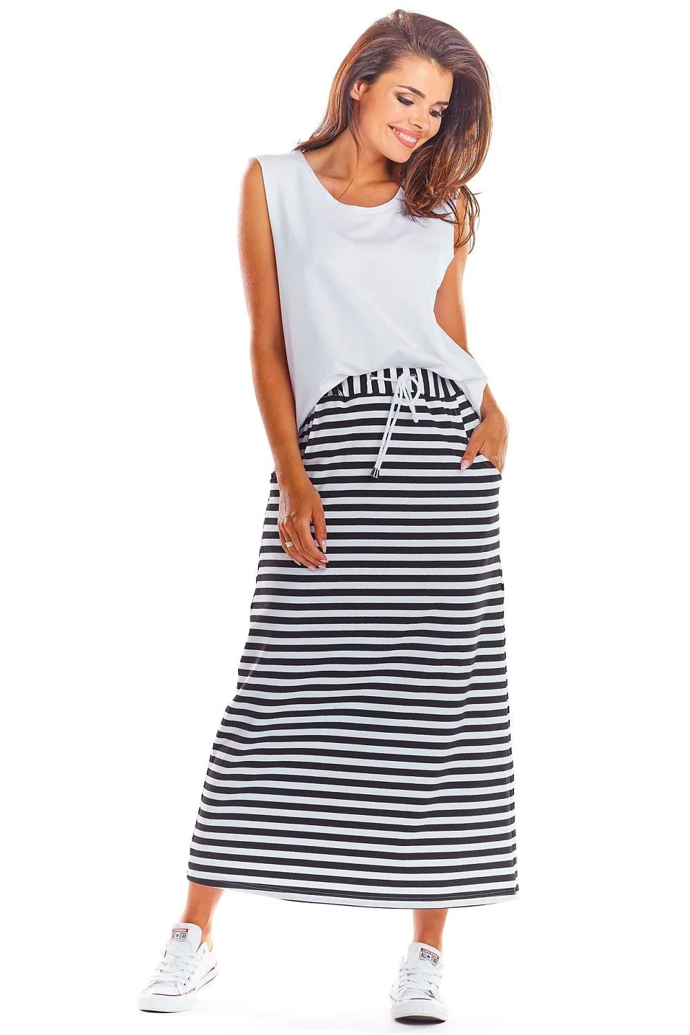 Robe longue été style décontracté rayures beige blanc coton élasthanne taille ajustable femme occasionnal