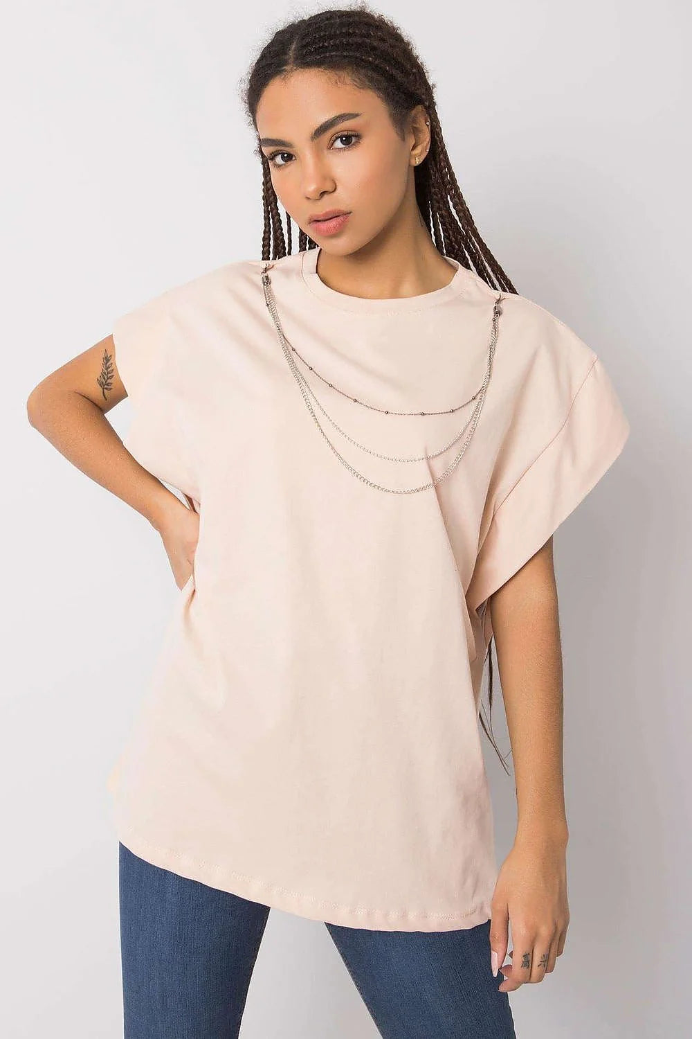Chemisier femme Casual Chic Tissu Coton Lavande Doux Coupe Large Manches Courtes Chaînes Métalliques Détachables