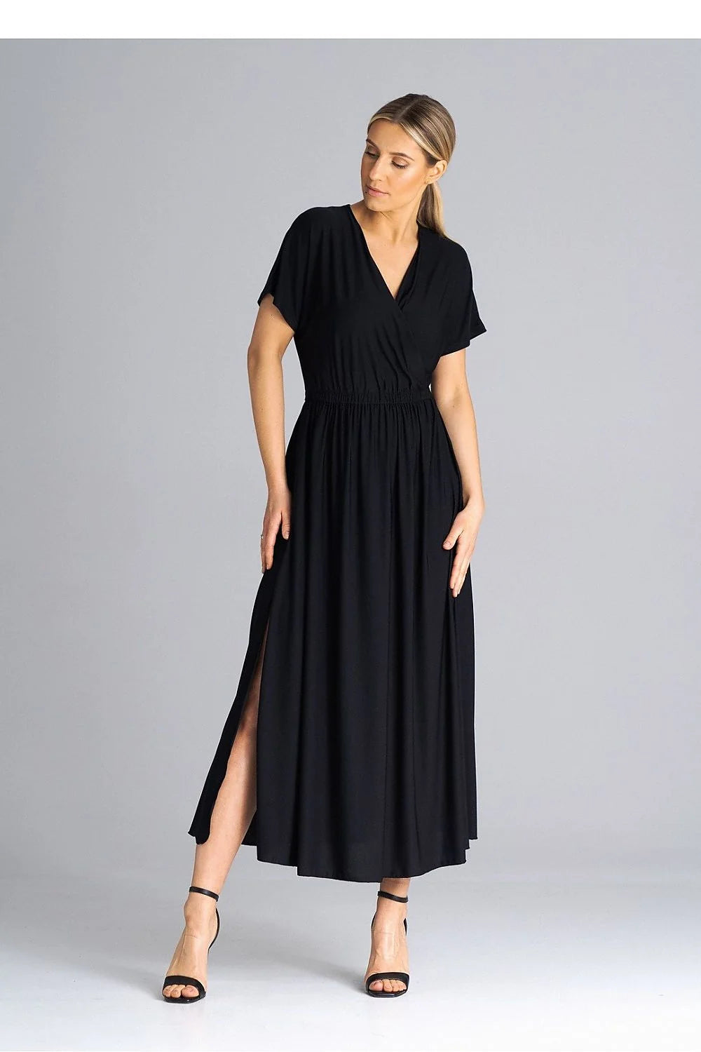 Robe de jour élégante longue manches courtes encolure V croisée taille ajustable noire femme polyester elastane